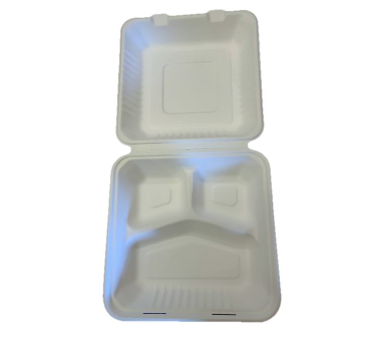 CS 200 BCR-3 9 X 9 X 3 THREE 
COMPARTMENT CLAMSHELL FOOD 
CONTAINER BIODEGRADABLE 
SUGARCANE